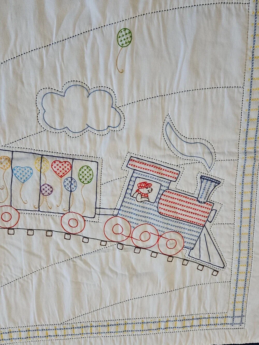Hand Embroidered Train Baby Quilt, 38x58